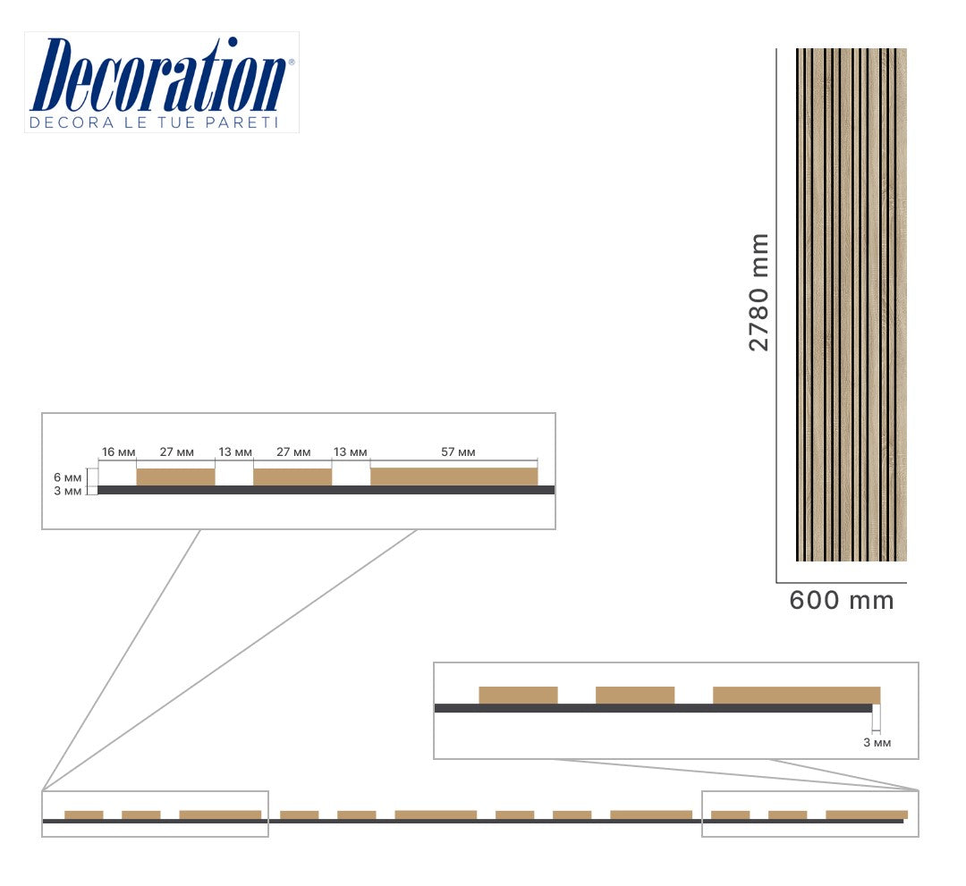 Listelli acustici in MDF Naturale & Naturale mis. 278 cm x 60 cm modello FLESSIBILE