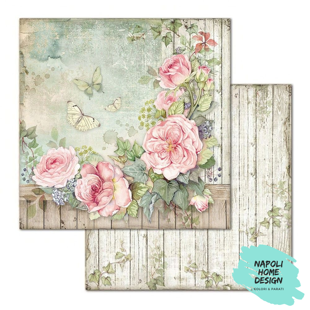 Foglio singolo Scrapbooking Double Face Fence with Roses 30x30 cm Stamperia OUTLET