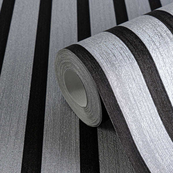 Carta da Parati Effetto Doghe Listelli colore NERO & ARGENTO METALLICO cod. 78627-1