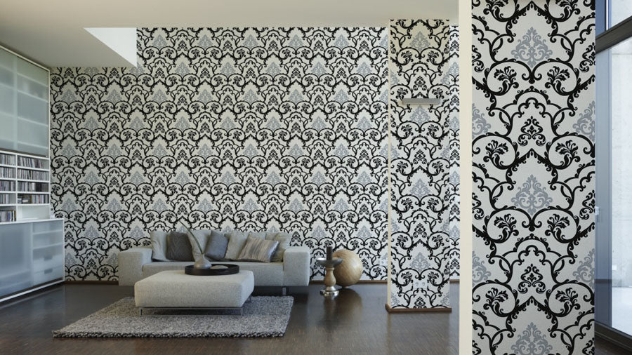 Parato Espanso su TNT - Motivo Damascato Nero Argento - OUTLET ULTIMO PEZZO