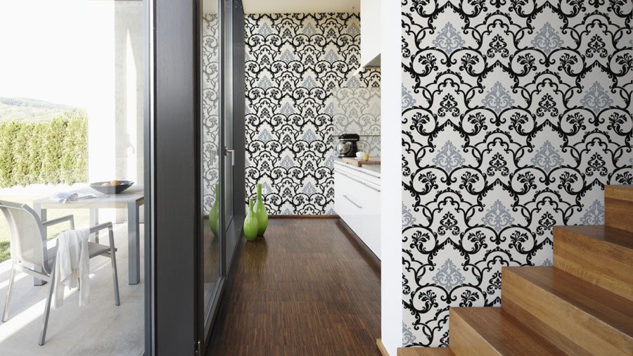 Parato Espanso su TNT - Motivo Damascato Nero Argento - OUTLET ULTIMO PEZZO