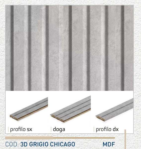 Profilo SX doga 3D Legno in MDF colore Grigio Chicago mis. 66,5 x 16 x 2750 mm