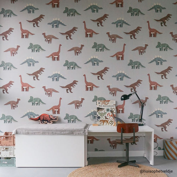 Carta da Parati Studio Ditte Dinosaur Wallpaper Light Grey