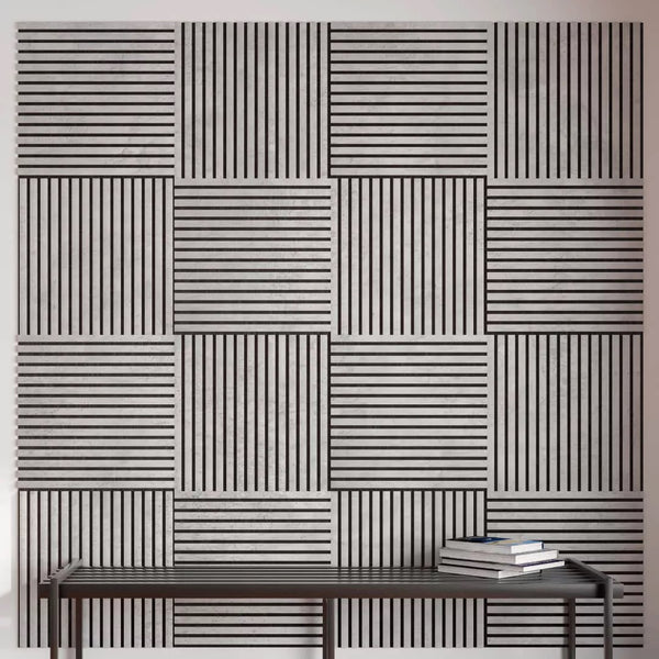 Listelli acustici in MDF Grigio Chicago mis. 60 cm x 60 cm modello QUADRO FLESSIBILE