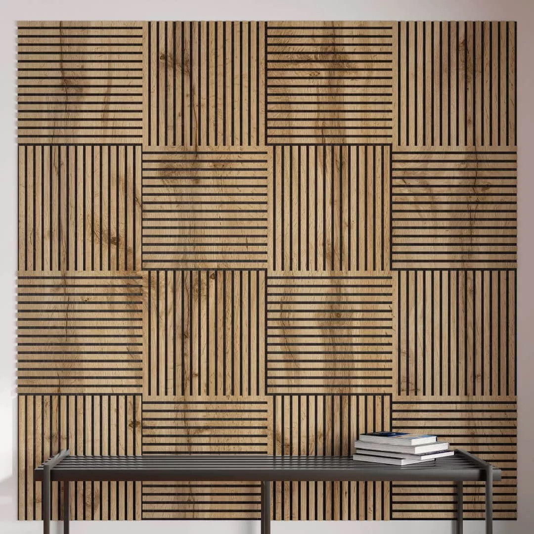 Listelli acustici in MDF Noce mis. 60 cm x 60 cm modello QUADRO FLESSIBILE
