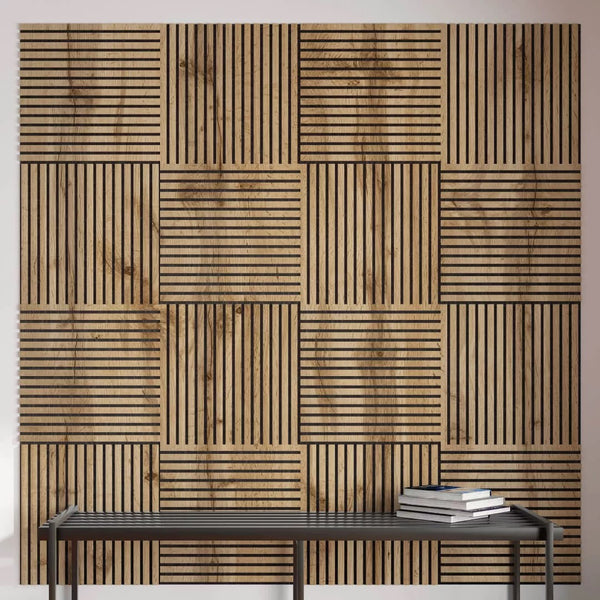 Listelli acustici in MDF Noce mis. 60 cm x 60 cm modello QUADRO FLESSIBILE