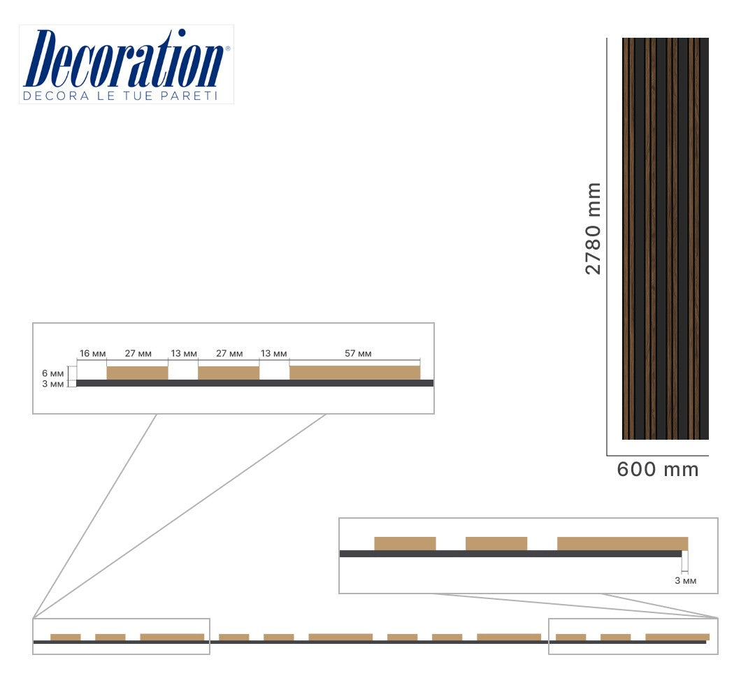 Listelli acustici in MDF Black &amp; Catania mis. 278 cm x 60 cm modello FLESSIBILE
