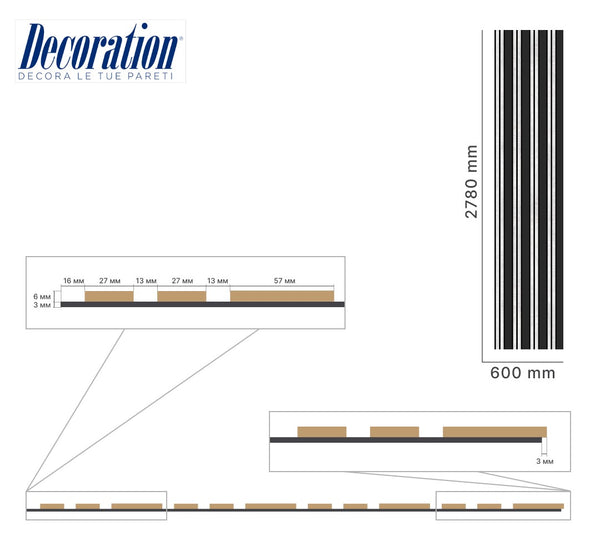 Listelli acustici in MDF Black & Chicago mis. 278 cm x 60 cm modello FLESSIBILE