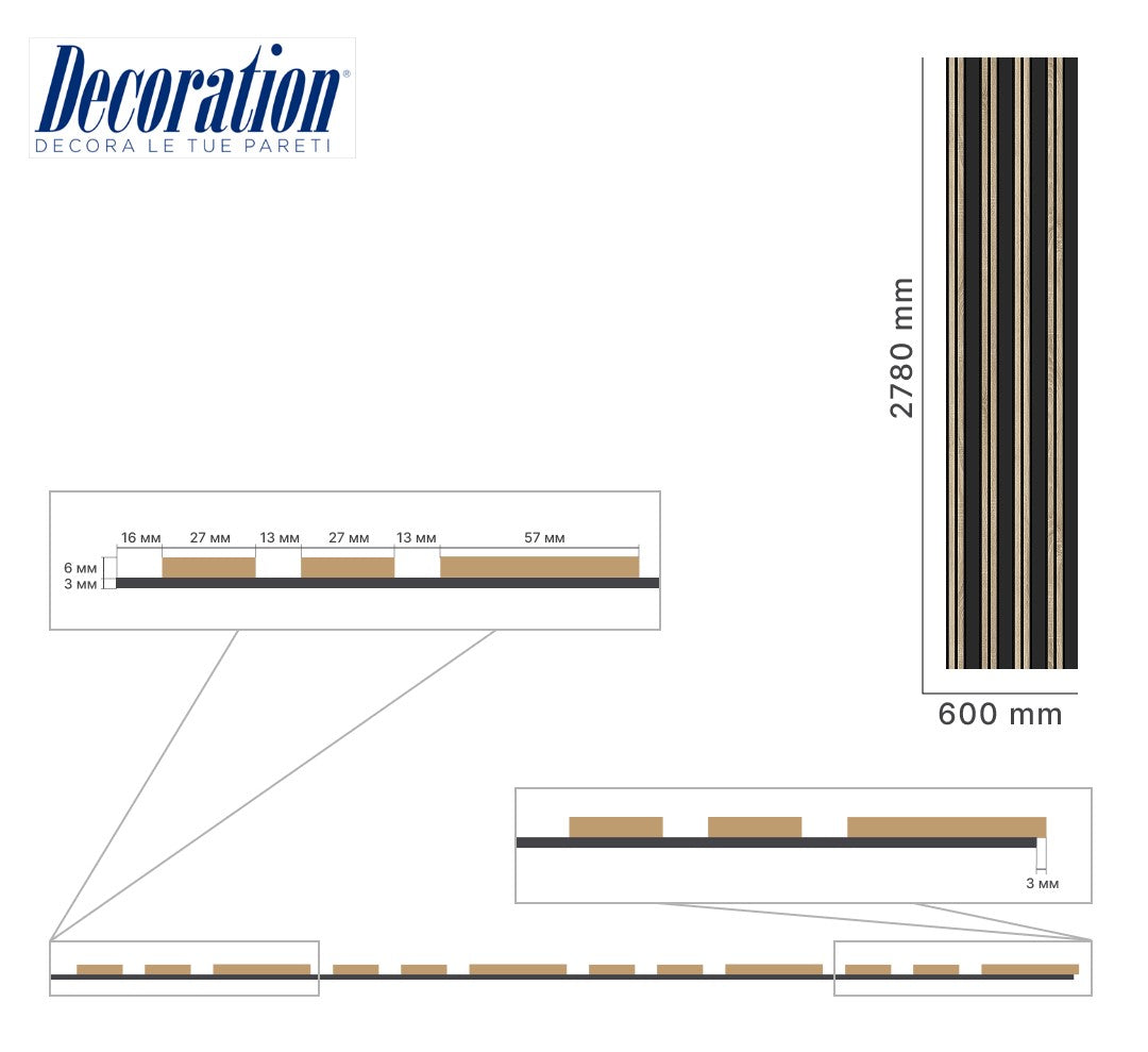 Listelli acustici in MDF Black &amp; Naturale mis. 278 cm x 60 cm modello FLESSIBILE