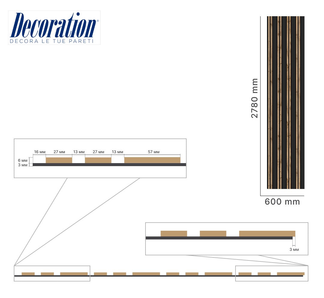 Listelli acustici in MDF Black &amp; Noce mis. 278 cm x 60 cm modello FLESSIBILE