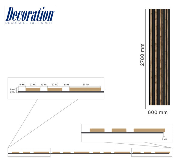 Listelli acustici in MDF Black & Noce mis. 278 cm x 60 cm modello FLESSIBILE