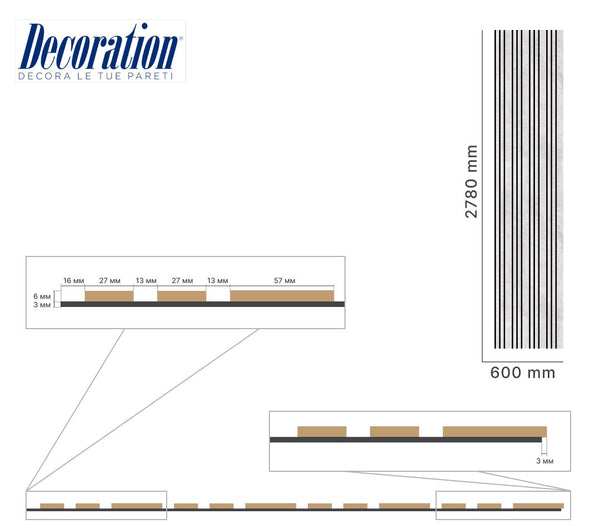 Listelli acustici in MDF Chicago & Chicago mis. 278 cm x 60 cm modello FLESSIBILE