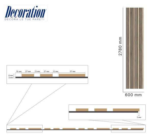 Listelli acustici in MDF Naturale & Naturale mis. 278 cm x 60 cm modello FLESSIBILE