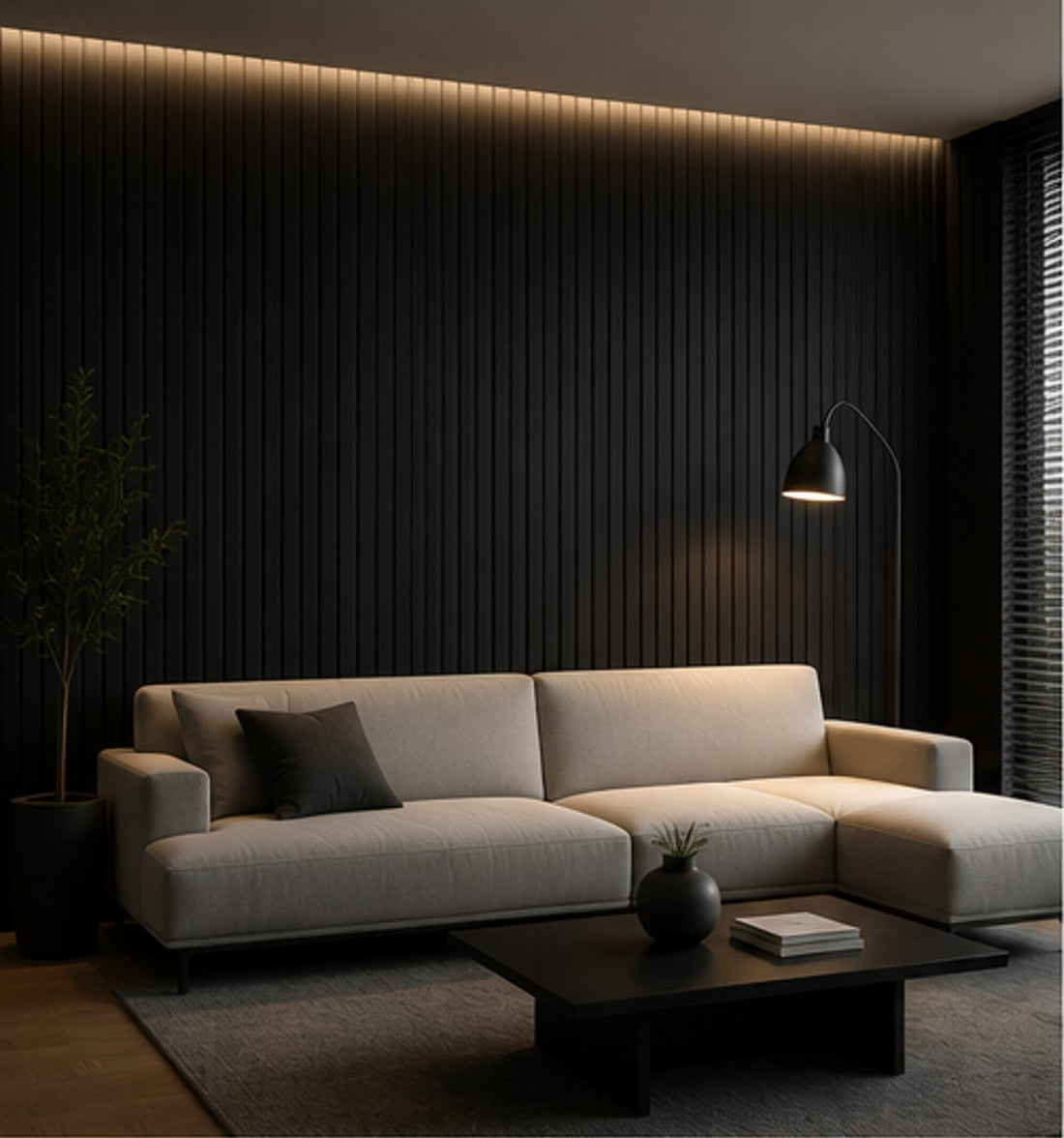 Pannello doghe in MDF colore Nero con fondo fonoassorbente mis. 278 cm x 60 x 0.9 cm modello FLESSIBILE