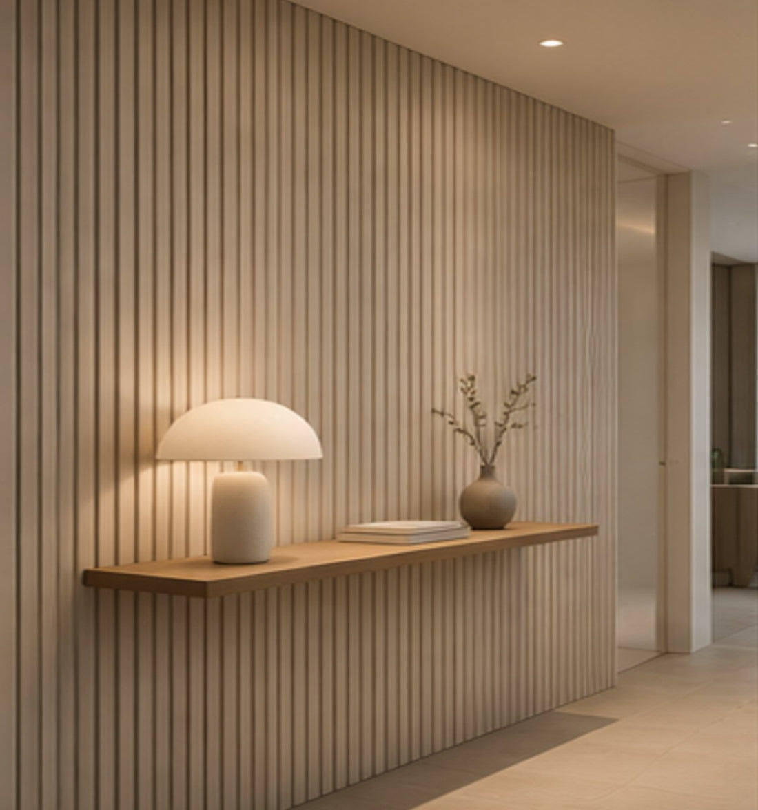 Pannello doghe in MDF colore NATURALE con fondo fonoassorbente colore sabbia mis. 278 cm x 60 x 0.9 cm modello FLESSIBILE