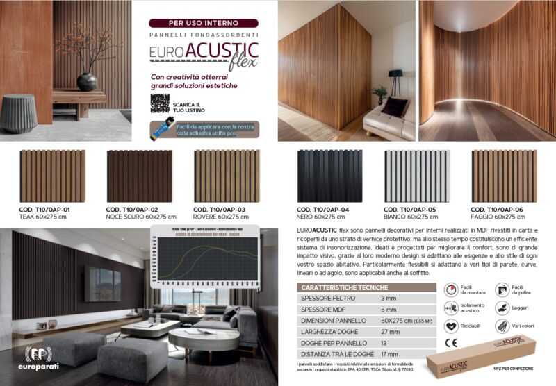 Listelli Euroacustic in MDF Bianco mis. 275 cm x 60 cm modello FLESSIBILE