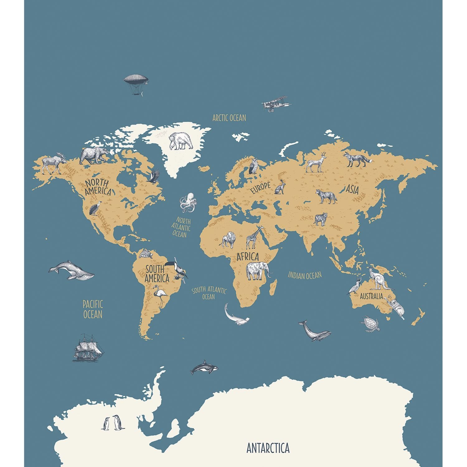 Pannello Murale Our Planet World Map Bleu / Beige  mis. 250x280  Caselio Wallpaper