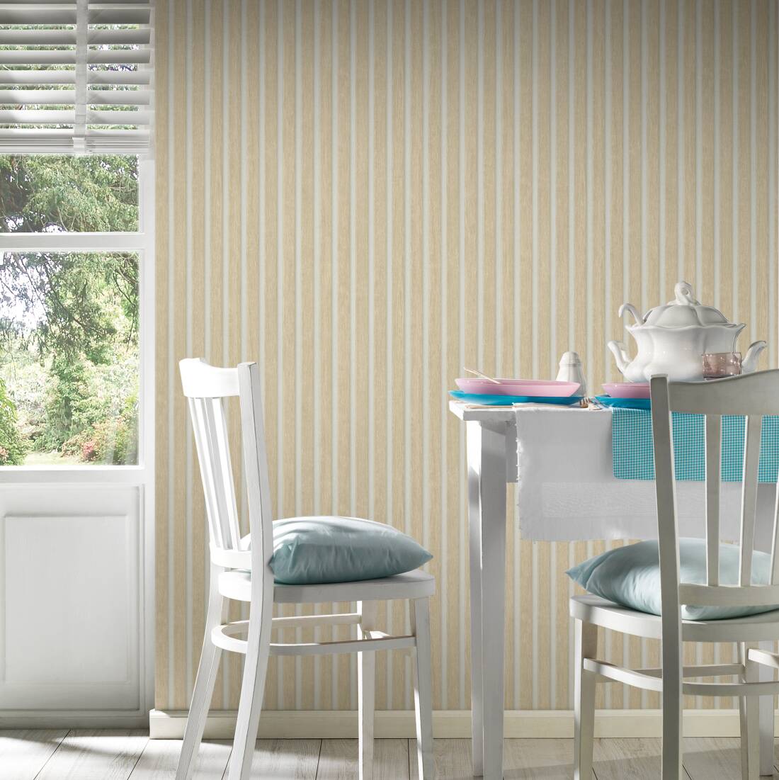 Carta da Parati Effetto Doghe Listelli colore Beige Bianco