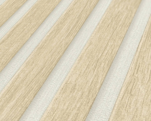 Carta da Parati Effetto Doghe Listelli colore Beige Bianco