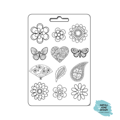 Stampo in PVC Morbido A4 - Fiori, Cuori e Farfalle - cm. 21 x 29,7 - Stamperia