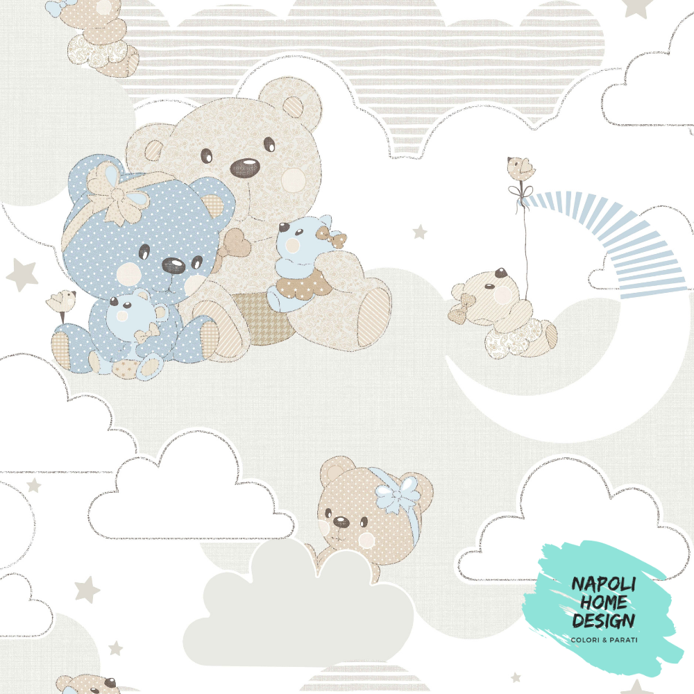 Carta da Parati Orsacchiotti Azzurro Mondo Baby Cristiana Masi 13037