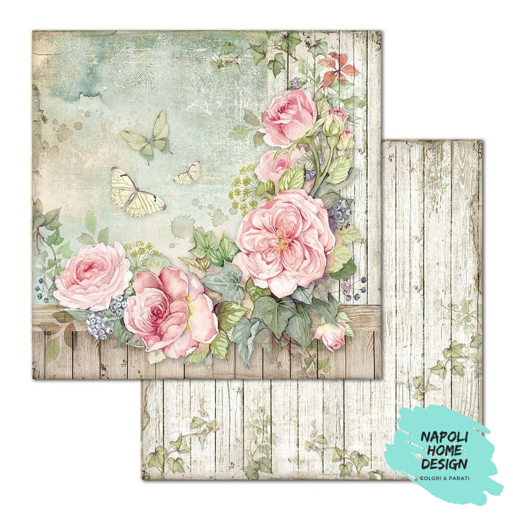 Foglio singolo Scrapbooking Double Face Fence with Roses  30x30 cm  Stamperia OUTLET