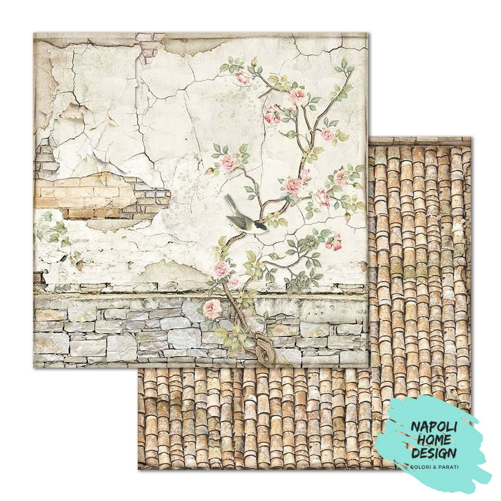 Foglio singolo Scrapbooking Double Face Small Bricks with Tree  30x30 cm  Stamperia OUTLET