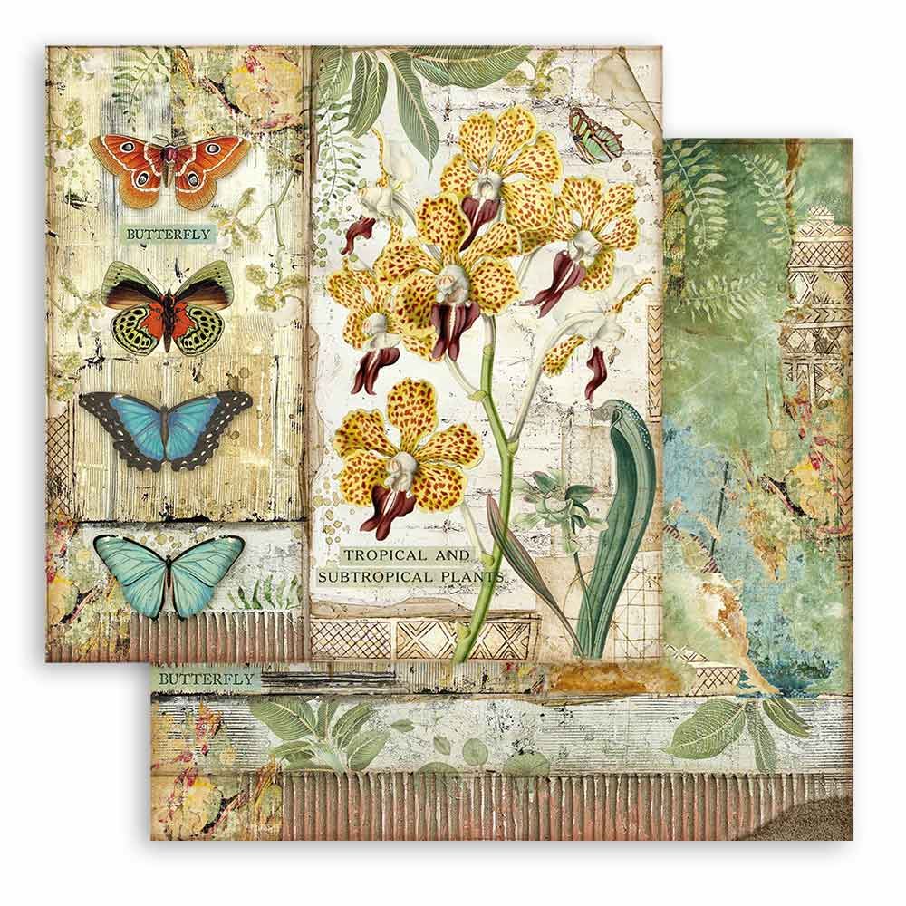 Foglio singolo Scrapbooking Double Face Amazonia Orchidea e Farfalle 30x30 cm  Stamperia OUTLET