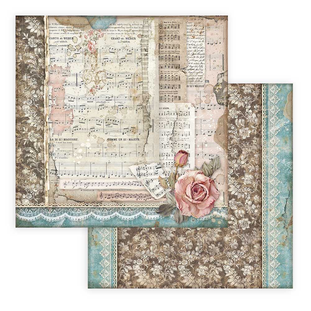 Foglio singolo Scrapbooking Double Face Passion Rose &amp; Musica  30x30 cm  Stamperia OUTLET